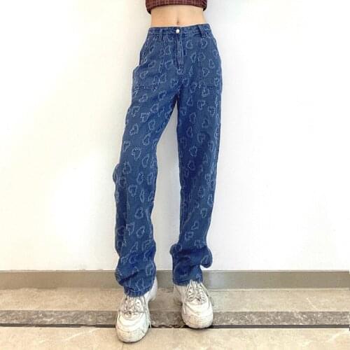 Fashion Love Pattern Blue Jeans Women High Waist Straight Streetwear Denim Trousers 2021 Summer New Vintage Denim Pants Female