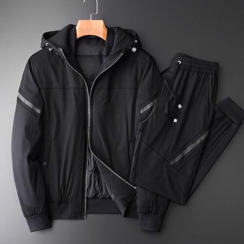 21C Mens Down Jacket Sets Luxury Winter Thick Hooded White Duck Mens Down Coats 2pcs(jacket+pants) Elastic Waist Mens Pants