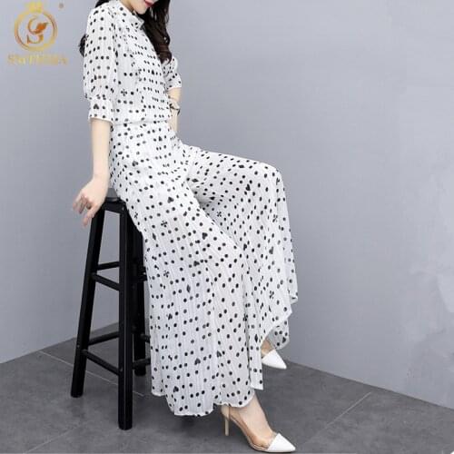New Fashion Women Temperament Dot Summer 2 Piece Set Chiffon Stand Collar Ruffles Shirt + Ladies High Waist Wide-Leg Pants Suit