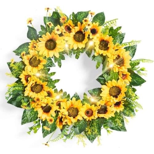 Sunflower Wreaths for Front Door Decor 18inch Artificial Summer Wreath with Green Leaf, Large Lighted Spring Wreath