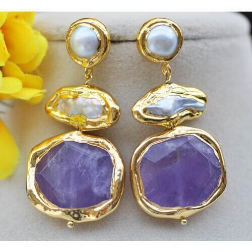 Z11099 30mm Lavender Amethyst White Biwa Pearl Gold plated Dangle Earring