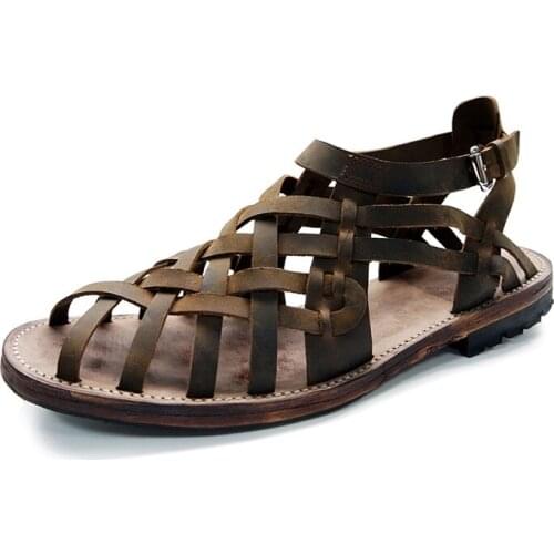 Korean Style High top Cow leather Rome Gladiators Summer Beach Sandals buckle strap exercise Leisure Retro weave Men Sandals