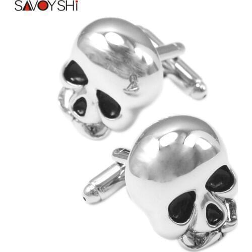 SAVOYSHI Novelty Skull Cufflinks for Mens Shirt Cuff buttons High Quality Silver color Cuff link Halloween Gift Free engraving
