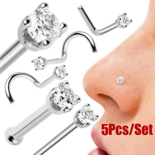 5PCS Surgical Steel Zircon Gem Bone Nose Stud Piercing Earring Anodized Gold Silver Color Nose Ring Prong Nose Body Jewelry