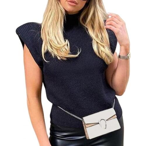 Sweater Women Autumn Winter Turtleneck Sleeveless Vest Sweater Shoulder Pads Knit Jumper