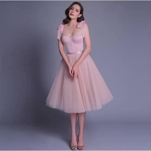 Pink Spaghetti Strap Evening Dresses 2021 Eleglant Bow Sweetheart Princess Prom Gowns Custom Made Tea-Length vestido de fiesta