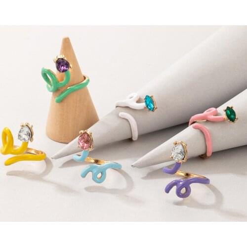 HUANZHI 2021New 6pcs/set Vintage Colorful Dripping Oil Rhinestone Twisted Snake Opening Rings Sets for Women Party Jewelry