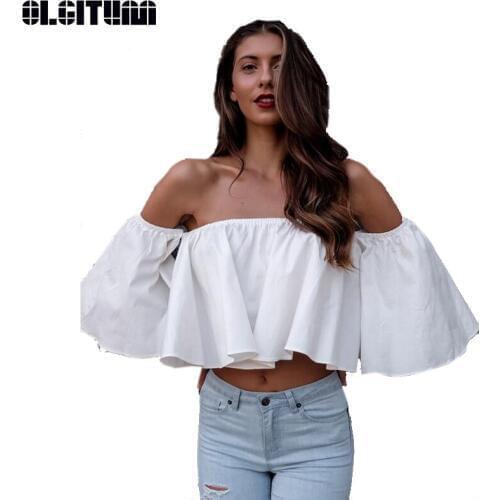 Women Shirt Summer New 2020 Fashion Sexy Female Beach Style One Word Collar Ruffled Ladies Tops BS400