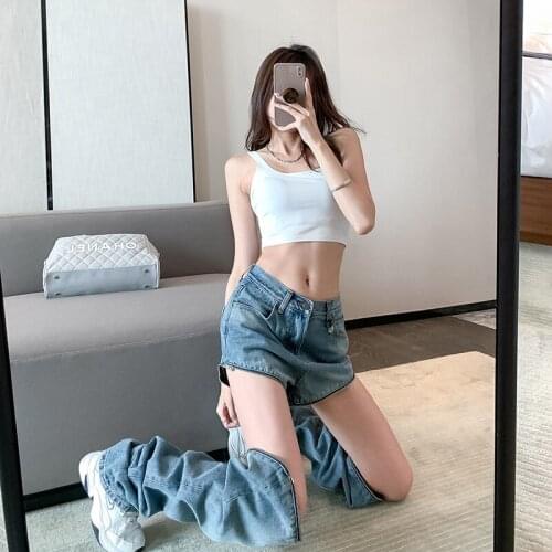 WeiYao Summer Ins Harajuku Style High Street Hollow Personality Detachable Trousers Jeans Womens Wide-Leg Pants Trendy Female