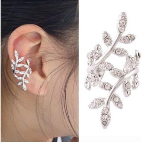 Sweet Cut Gold Color Metal Leaves Crystal Single Ear Bones Clip Earrings for Women S Korean Style Crystal Earrings Jewelry