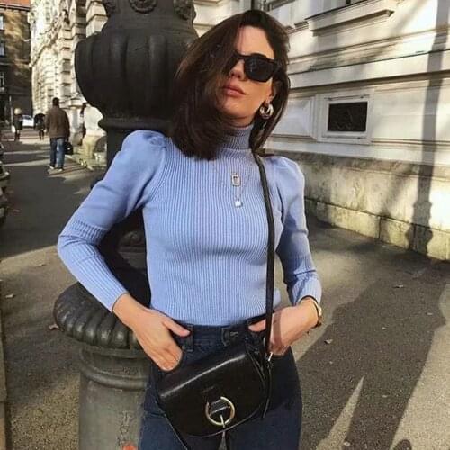 JUNWU Spring Autumn Womens Blue Turtleneck Elastic Knit Pullover Lantern Sleeve Sweater Long Sleeve Slim Top Elegant Chic