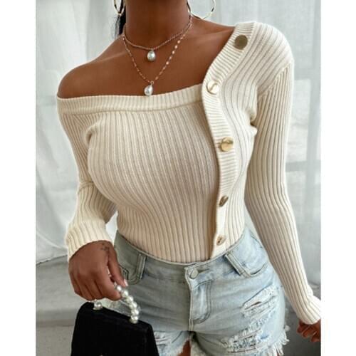 Women Sexy Off Shoulder Knitted Sweater Autumn Winter Solid Button Slim Fit Pullover Women Elastic Long Sleeve Sweater Jumpers