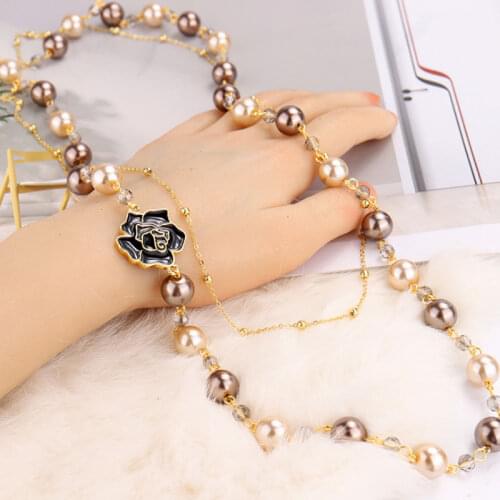 Fashion Brand Design Long Simulated Pearl Necklace For Women Camellia Double Layer pendant long necklace Party jewelry