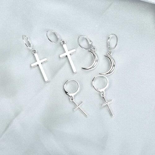 Silver Color Cross Moon Dangle Earrings for Women New Fashion Jewelry Metal Geometric Earring Pendientes