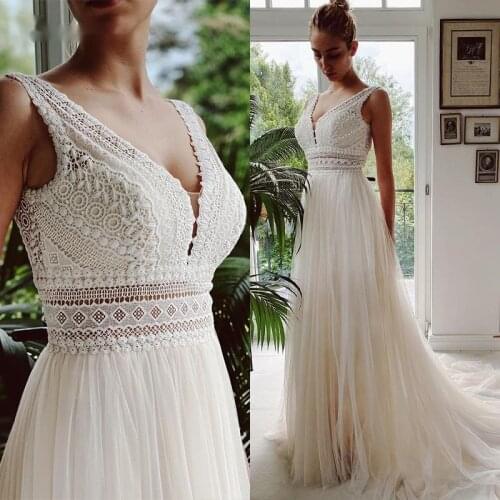 Vestido De Novia Boho Wedding Dresses 2021 V Neck Beach Lace Bridal Wedding Gowns Elegant Bohemian Tulle A Line Bridal Dress