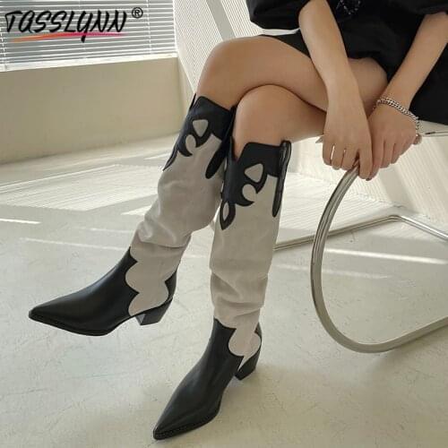 TASSLYNN 2022 Designer Brand Luxury Women Shoes Genuine Leather WESTERN Women Boots Winter Knee-High Boots Slip-On Boots