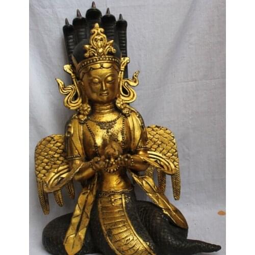 Fast shipping USPS to USA S1945 23" Tibet Buddhism Bronze Gilt 5-Heads Snake Naga Kanya Buddha Goddess Statue