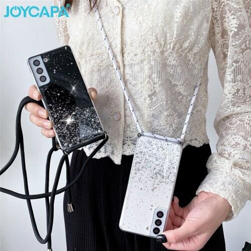 Necklace Lanyard Glitter Sequins Case For Samsung A52 A72 A32 A42 A50 A70 S21 Ultra S20 S10 S9 Note 10 20 Plus Strap Rope Cover