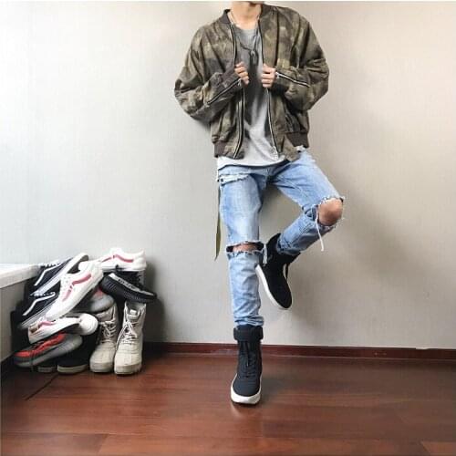 Summer Tide Brand Hole Heavy Work Side Zipper Knife Cut Damage Washed Jeans Men Straight Pants