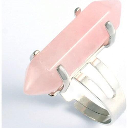 KFT Silver Plated Hexagonal Column Resizable Stone Ring Natural Rose Pink Quartz Crystal Stone Finger Ring Party Wedding Jewelry