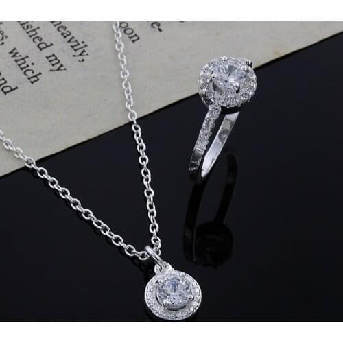 Solid cute Lover gifts silver color jewelry fashion noble women classic shiny crystal CZ necklace ring jewelry set CS06