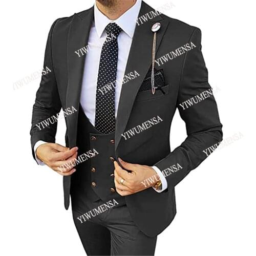 Trajes De Novio Men Suit Set Wedding Black 3 Pieces Jacket+Double Breasted Vest+Pants Slim Fit Male Business Blazers Tuxedos