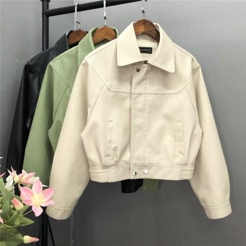 2021 New Spring Pu Motorcycle Faux Soft Leather Women Jacket Coat Turn-down Collar Long Sleeve Epaule Female Loose Short Jacket