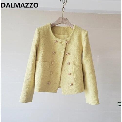 DALMAZZO Fashion Womens Tweed Woolen Double Breasted Short Jacket Coat 2021 Spring Autumn Ladies Christmas Slim Coats Female
