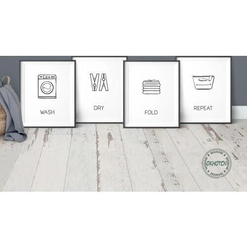Nordic Wash Dry Fold Repeat Laundry Sign Poster Wall Art Print Black White Canvas Painting Modular Pictures Bathroom Home Decor