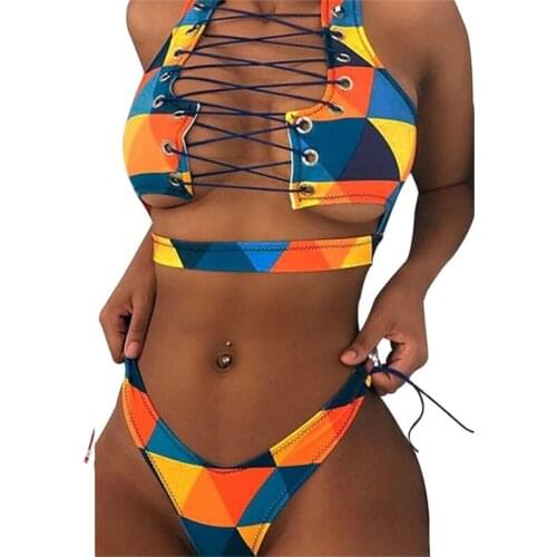 2021 new ladies swimsuit split print beach bikini strap hollow mesh triangle bikini bikini swimwear