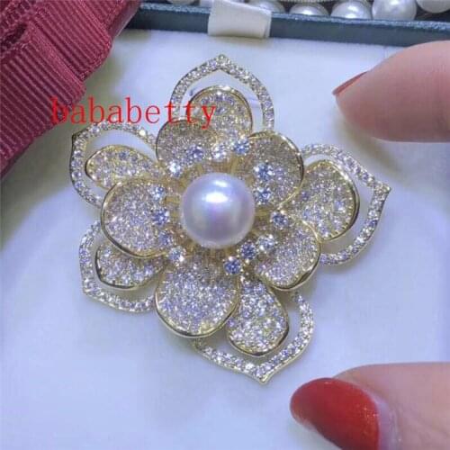 Wholesale luxury Austria Zircon Inlay GP Flower 12MM White black shell Pearl Brooch Scarf Clips Breastpin