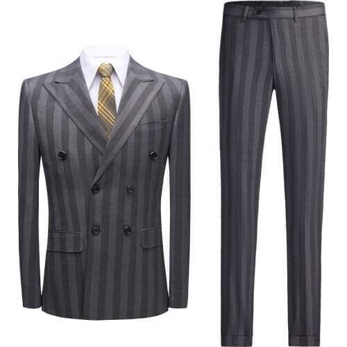 Striped Double-Breasted Men Suit 2 Piece fashion Vintage Casual Business Blazer Pants Wedding Terno Costume Homme Elegant Slim