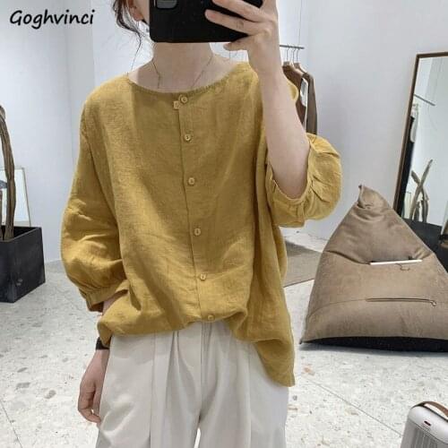 Shirts Women Loose Cozy Half Puff Sleeve O-neck Solid Simple Elegant Summer Single Breasted Stylish Preppy Female All Match Ins