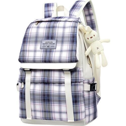 Korean Style Waterproof Nylon School Bags Women Backpack Schoolbag For Teenage Girls Plaid Travel Bckpacks Female Lovely Book Ba