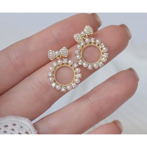 New Fashion Brand Delicate Jewelry 14K Real Gold Pearl Stud Earrings for Women AAA Zircon CZ Knot Earrings