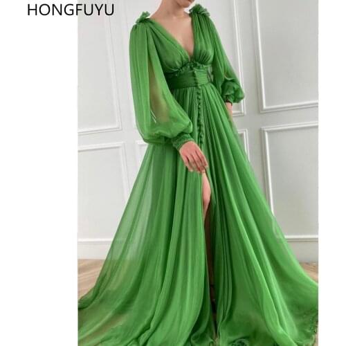 HONGFUYU Chiffon Long Prom Dresses Green V-neck Long Sleeves Evening Gowns with Front Button Slit vestidos do baile de finalist