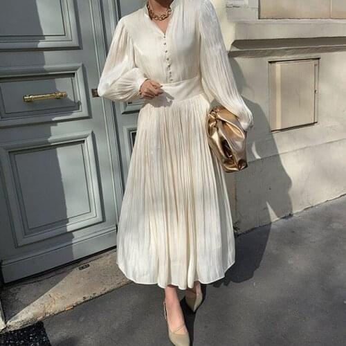 Chic Temperament Stand Collar Single-breasted Pleated Gloss Lace-up Thin High-waisted Dress Long Loose Retro FT868