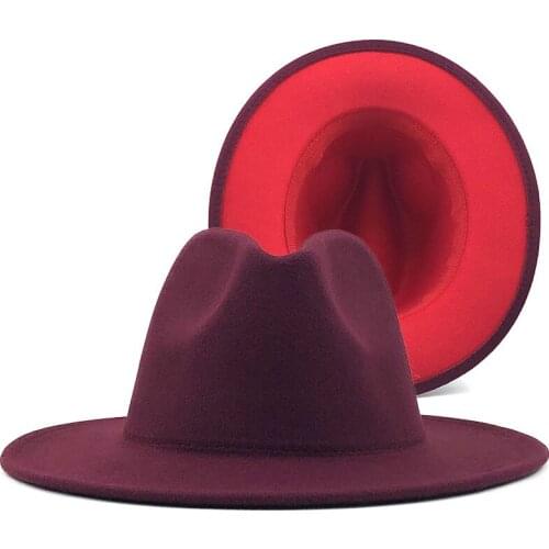 Unisex Outer wine red Inner Red Wool Felt Jazz Fedora Hats with Thin Belt Buckle Men Women Wide Brim Panama Trilby Cap 56-60CM
