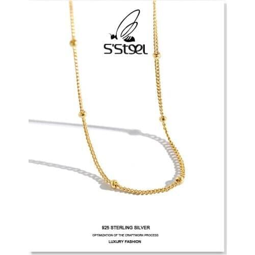 SSTEEL Korean Necklaces 925 Sterling Silver Gift For Women Minimalist Round Bead Short Gold Chain Necklace Cadena Plata Jewelry