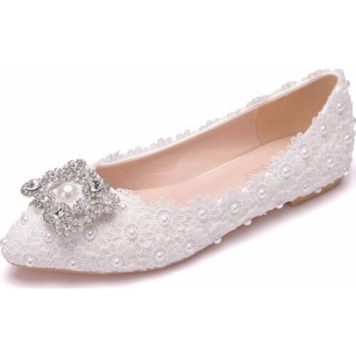 Flat heels, white square buckle drills, single shoes, white lace brides shoes, annual convention, car show and dance