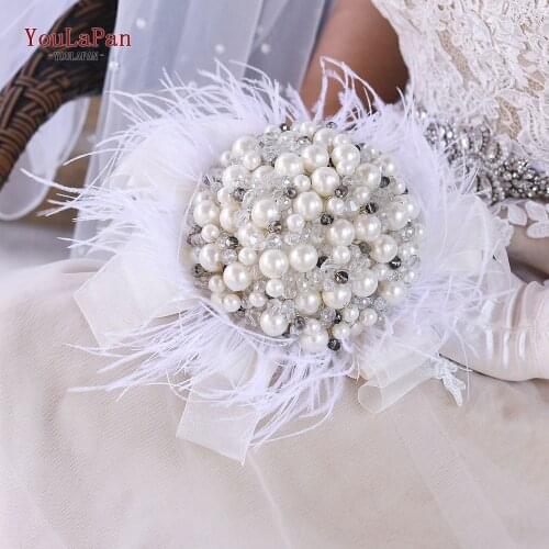 YouLaPan HF03 Big Pearl Bridal Bouquet White Feather Wedding Holding Flowers Marriage Accessories Luxury Bride Hand Flower