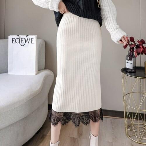 Sexy Split Knit Midi Winter Skirts Womens 2021 Autumn High Waist Korean Fashion Office Lady Lace Patchwork Elegant Skirt Female