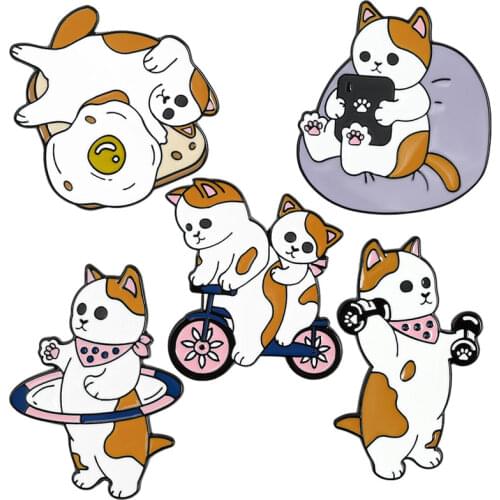 Funny Cats Hard Enamel Pins Collect Cat Egg Bike Dumbbells Sports Metal Cartoon Brooch Backpack Bag Hat Collar Lapel Badges