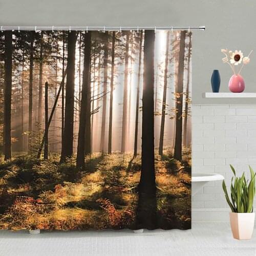 Autumn Forest Scenery Shower Curtain Plants Leaves Path Natural Landscape Bathroom Bathtub Decoration Screen Washable With Hooks