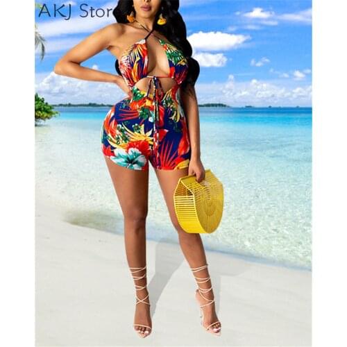 Women Print Sleeveless Criss-Cross Halter Playsuit Beach Romper