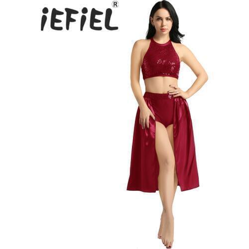 Women Adult Girls Ballet Dance Dress Outfits Halter Neck Sequined Crop Top and Open Front Dance Dress with Built-In Leotard