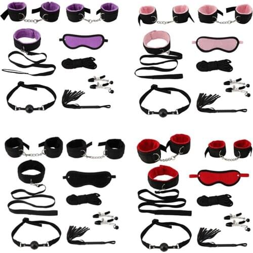 Adult Games BDSM Bondage 8Pcs Set Exotic Accessories Handcuffs Shackles Whip Rope Blindfold Gag Nipple Clip Sex Toys For Couples