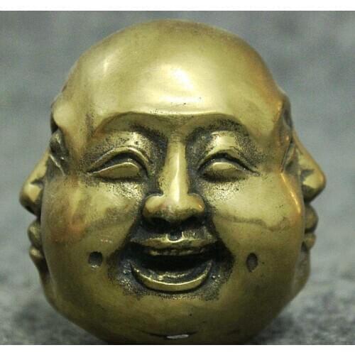 Free shipping Folk China Chinese Brass Buddhism 4 Face Xi Nu Ai Le Maitreya Buddha Head Statue
