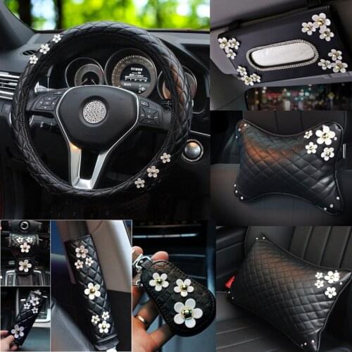 Daisy Series Cute Car Supplies Car Handbrake COver Gear Shift Cover Seat Belt Car Review Mirror Cover Car Steering Wheel Cover