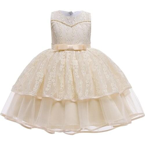 3-10Years Bead Flower White Dress Kids Dresses For Girls Children Costume Llittle Lace Princess Tailing Christening Party Dress